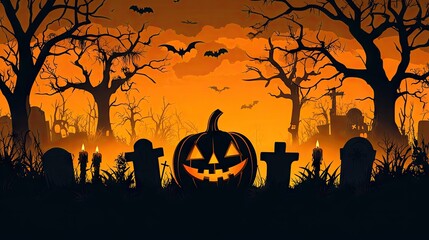 An illustration of an orange and black silhouette background with a spooky graveyard scene, crossed tombstones and the silhouettes of trees.