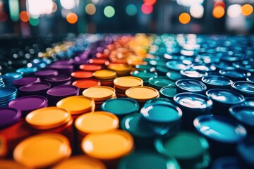 Poster - Vibrant collection of colorful lids arranged in a stunning gradient, creating a playful and artistic atmosphere.