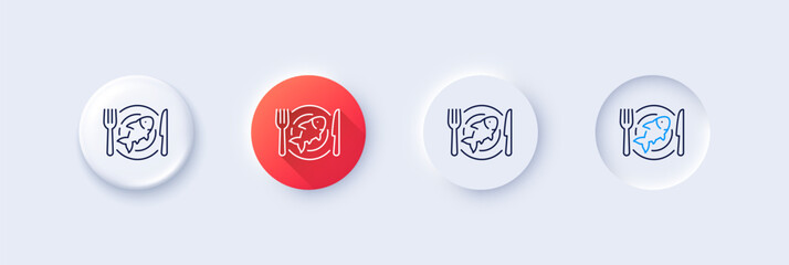 Wall Mural - Seafood line icon. Neumorphic, Red gradient, 3d pin buttons. Fish dish sign. Plate with fork and knife symbol. Line icons. Neumorphic buttons with outline signs. Vector