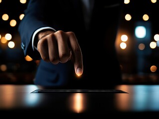 Aufkleber - A close-up of a businessman's hand poised to interact with a futuristic touchscreen interface against a blurred background.