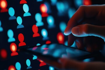 Poster - A close-up of a hand interacting with a smartphone against a vibrant background of digital user icons in various colors.