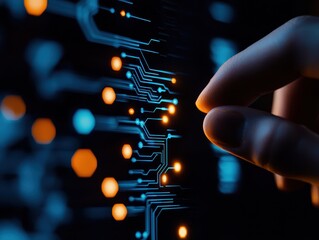Leinwandbilder - A close-up of a hand interacting with illuminated circuit lines, showcasing technology and innovation in a digital environment.