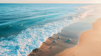 A high angle view of a pristine beach at dawn, with gentle waves and seagulls.