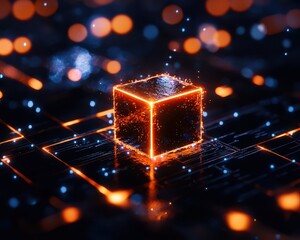 Fototapete - A glowing cube surrounded by vibrant particles, set within a digital landscape, evoking a sense of futuristic technology.