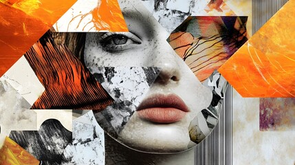 A surreal collage of human faces mixed with abstract geometric shapes and vibrant textures