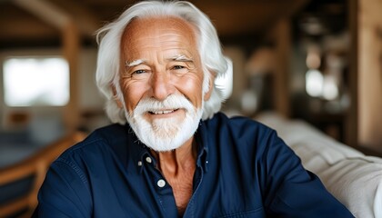 Wall Mural - Joyful elder in blue shirt enjoying a peaceful moment indoors