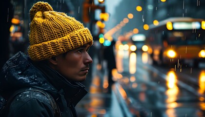 Wall Mural - Rainy Evening Commuter in a Yellow Knitted Beanie Waiting for Public Transportation in the City