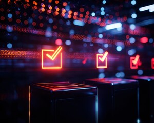 Aufkleber - Abstract image of illuminated checkboxes in vibrant neon colors, symbolizing completion and progress in digital interfaces.