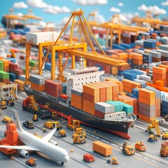 Fototapete - Isometric Global Trade Network with Cargo Ships Planes and Shipping Containers