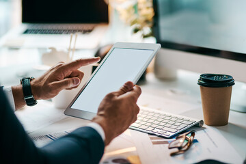 Canvas Print - Employee, man and hands with tablet screen at office research, communication and connection. Business person, closeup and mockup space on internet or online for email with planning for project