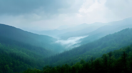 Wall Mural - distant view of a rainstorm moving across the mountains, with mist rising from the forested