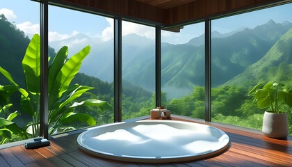 Wall Mural - Tranquil bathtub retreat surrounded by bubbles and stunning mountain views through expansive windows in a bright, airy bathroom