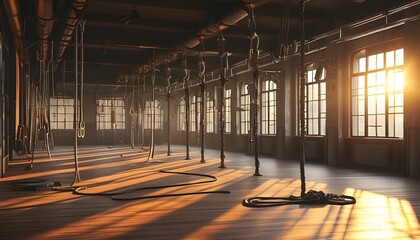 Warm sunset light casting shadows on workout equipment and ropes in an empty gym interior