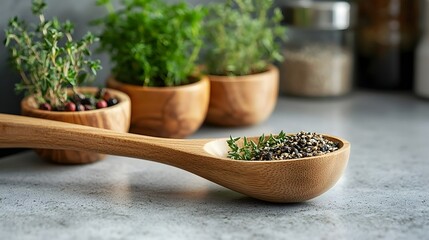 Wooden Spoon with Black Peppercorns and Herbs on a Gray Countertop