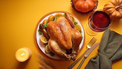 turkey baked for thanksgiving or christmas on bright background, family holiday concept top view