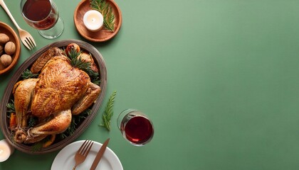 Wall Mural - turkey baked for thanksgiving or christmas on bright background, family holiday concept top view