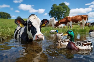 Wall Mural - Farm animals gathered around a pond, with ducks swimming and cows drinking water nearby