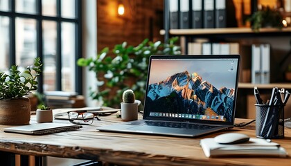 Stylish modern office workspace featuring a laptop and comfortable furnishings