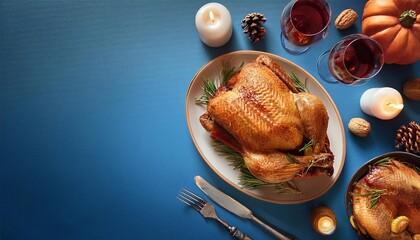 Wall Mural - turkey baked for thanksgiving or christmas on bright background, family holiday concept top view