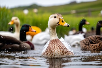 Wall Mural - Farm animals such as ducks and geese waddling around a small pond on the farm