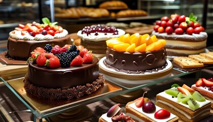 Decadent display of chocolate and fruit cakes in an elegant gourmet bakery