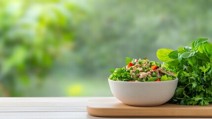 Wall Mural - Northeast Thai larb, traditional Isaan salad, spicy meat.