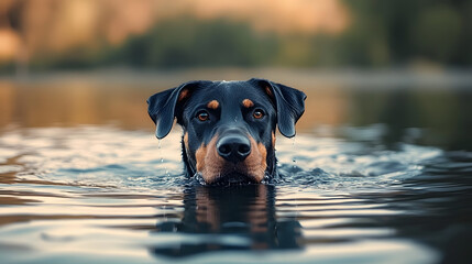 a doberman swimming in a lake.