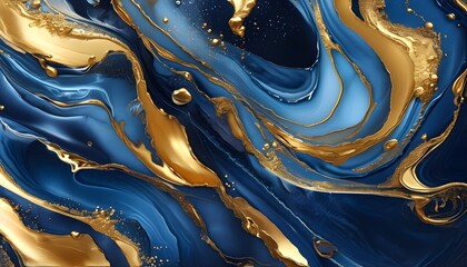 Poster - Elegant navy blue and gold liquid swirl abstract background with metallic accents for sophisticated design and branding