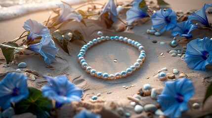 Aquamarine pearls on a sandy beach encircled by morning glory