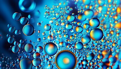 Colorful Oil Drops Dancing on Water with Shimmering Light Reflections Against an Abstract Blue Backdrop