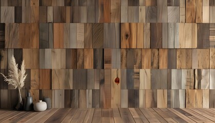 Wall Mural - Artistic 3D Render of Textured Timber Wall with Rustic Square Tiles in Warm Earth Tones for Contemporary Interior Design