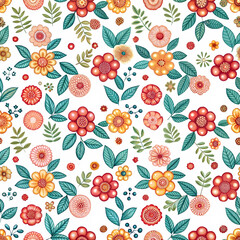 Repetitive floral pattern with multicolored flowers on a black background, colorful decorative design.