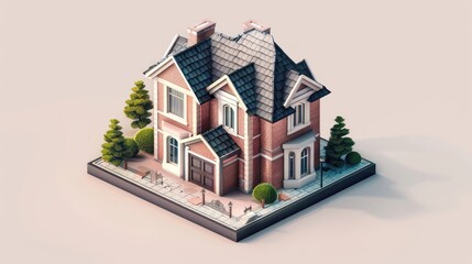 Poster - Isometric View of a Traditional Brick House with a Gabled Roof