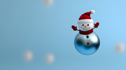 Top view to Snowman flying on Christmas ball on blue background.