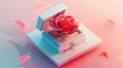 Wall Mural - romantic rose and ring in a box