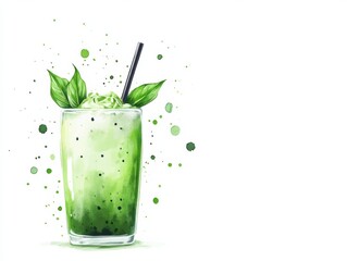 Refreshing green drink with mint leaves and a straw, perfect for a summer day or healthy lifestyle promotes freshness.