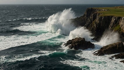 Poster - Waves crashing against rocks at Neist Point Peninsula, Scotland.