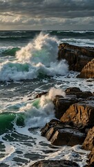 Poster - Waves crashing against rocks.