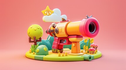 Sticker - Cartoon Toy Gun in a Colorful Landscape