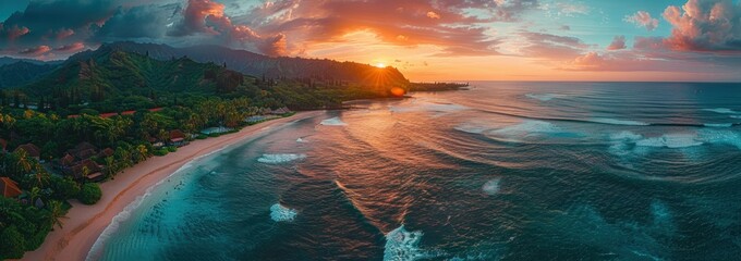 Canvas Print - Aerial View of Sunset Over a Tropical Beach