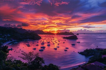 Canvas Print - Stunning Sunset Over Bay with Boats