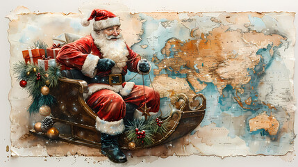 A jolly male Santa Claus in a sleigh, surrounded by gifts, against a vintage map backdrop, embodying holiday cheer.