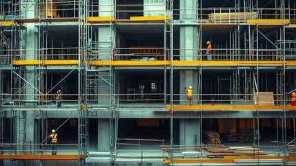 Construction site with workers and scaffolding, showcasing collaboration and building progress in urban development.