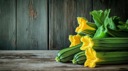 Fresh green zucchinis with yellow flowers on a rustic wooden surface.