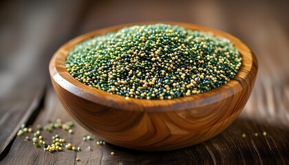 Wall Mural - Nourishing amaranth grain displayed in a wooden bowl, highlighting its fine texture and remarkable health benefits as a superfood rich in protein, fiber, and iron