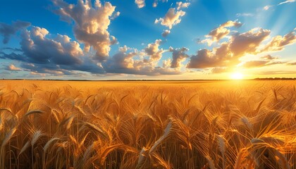 Wall Mural - Golden wheat field dancing in the sunset breeze under a brilliant blue sky adorned with fluffy white clouds