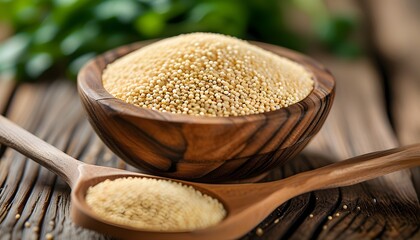 Wall Mural - Natural amaranth grain in a wooden bowl with spoon, highlighting its beige color and seed-like texture against a rustic backdrop of wholesome ingredients