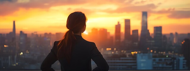 A businesswoman looks out over the city skyline at sunset, symbolizing her success and future possibilities in work