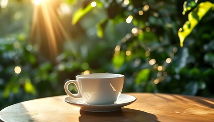 Wall Mural - Sunlit coffee cup on a table surrounded by greenery, evoking tranquility, natural beauty, and the comforting essence of a peaceful morning