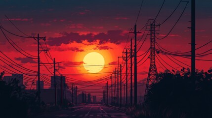 Sticker - Silhouettes of power lines against a fiery sunset sky.